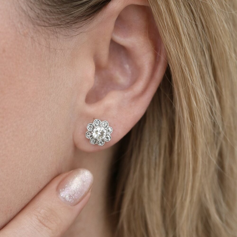 Vintage 925 Sterling Silver CZ Floral Stud Earrings | Halo Flower Design
